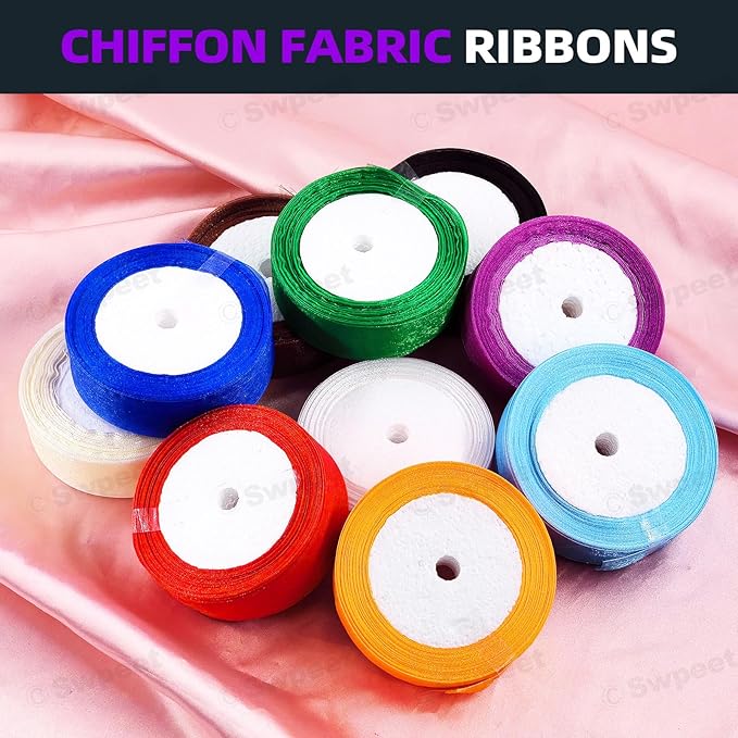 Swpeet 2 Rolls 50 Yards x 1 Inch Blue Shimmer Sheer Fabric Ribbons Organza Ribbon, Transparent Sheer Ribbon Chiffon Fabric Ribbons for Bouquets Wedding Birthday Decoration