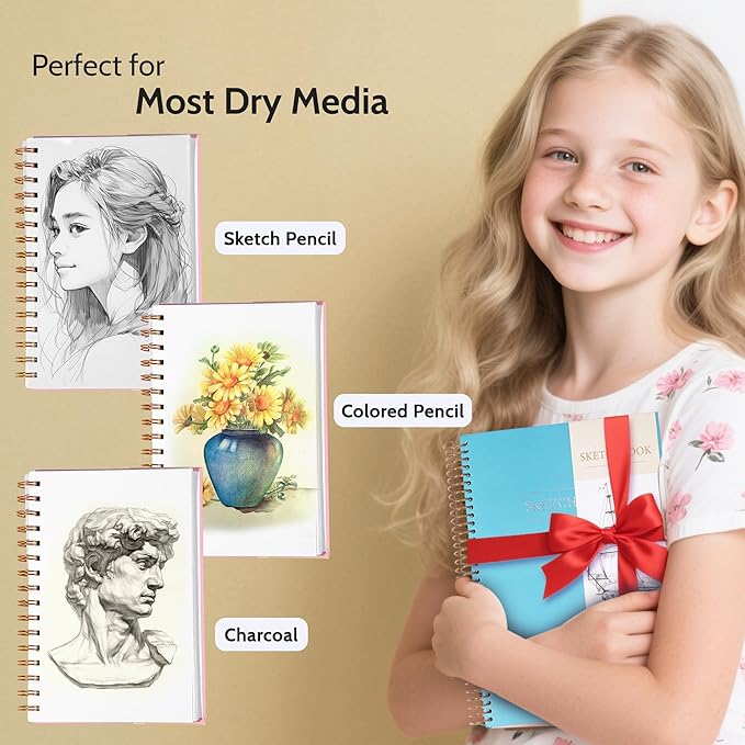 Yoment 5.5" x 8.5" Sketch Book Small Sketchbook for Drawing 100 Sheets Hardcover Spiral Sketch Pad for Kids(68lb/100gsm) Art Sketchbook Drawing Blank Paper Book for Beginners Artists with Pencil Blue