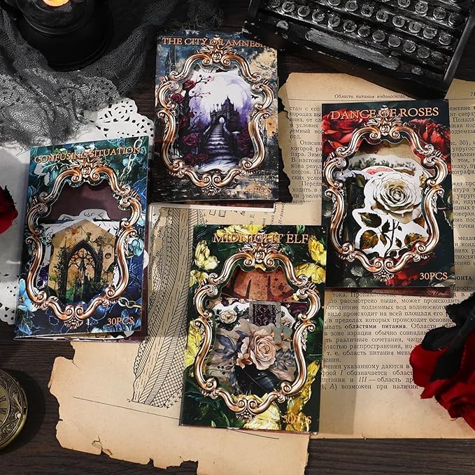 120 Pieces Dark Art Themed Stickers and Scrapbook Paper Kit, 4 Pack Aesthetic Decorative European-Style Vintage Scrapbook Stickers for Scrapbooking, Journaling, DIY Crafts and Planner Supplies