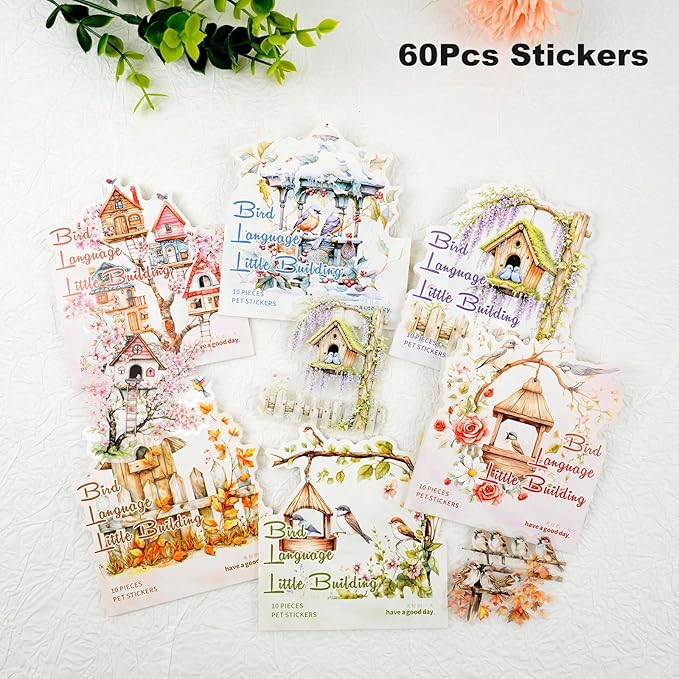 60PCS Birdhouse PET Stickers, Nature Bird Nest Scrapbook Stickers for Journaling, DIY Crafts and Planner Decoration, Transparent Waterproof Junk Journal Supplies