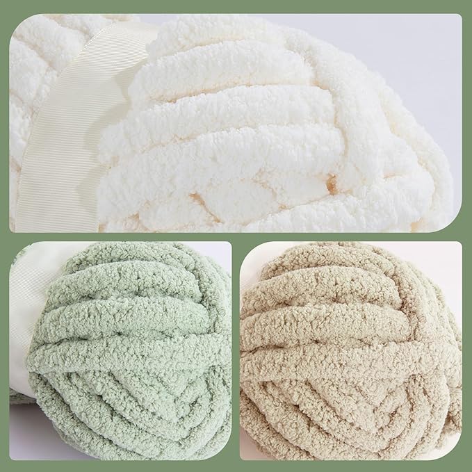 HOMBYS 12 Pack Chunky Yarn for Crocheting,Super Bulky Large Soft Fluffy Yarn,Plush Fuzzy Yarn,Thick Chenille Yarn for Hand Knitting/Arm Knitting,4 Cream,4 Light Grey,4 Sage Green(Each 27yds,8 oz)
