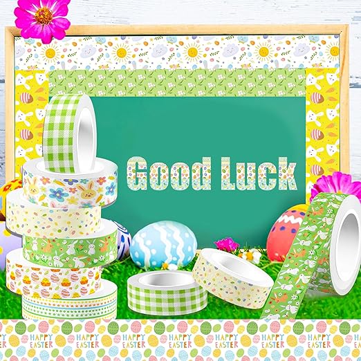 12 Rolls Happy Easter Washi Tape, Green Plaid Floral Masking Tape, Cute Rabbit Egg Decorative Sticker for Scrapbook Journal DIY Craft Birthday Easter Gift Wraps 16.4FT