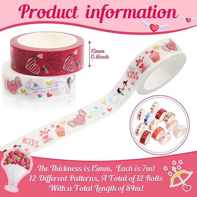 Epakh 12 Rolls Valentine‘s Day Washi Tape Set 0.59 Inch by 23 Feet Decorative Washi Heart Tape Sweet Heart Masking Tapes Kawaii for Valentine Scrapbook Wedding Anniversary Decoration Party Supply