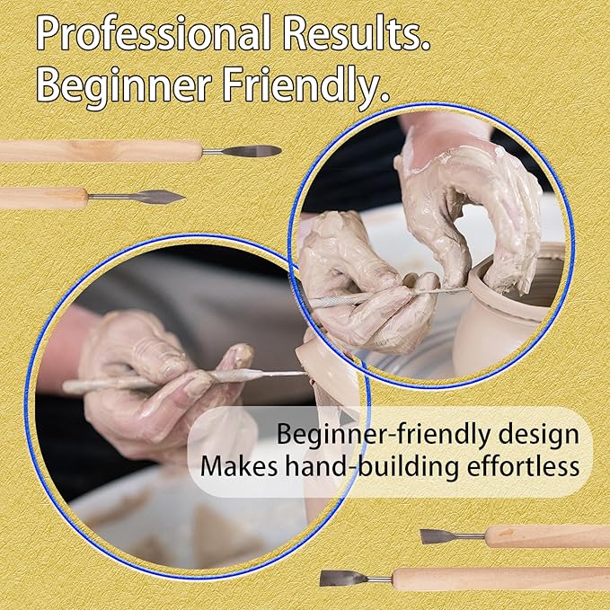 11-Pc Wood-Handled Pottery Carving Set – Stainless-Head Clay Sculpting Knives for DIY Ceramics & Precision Detail Work (11 Clay Sculpture Tools)