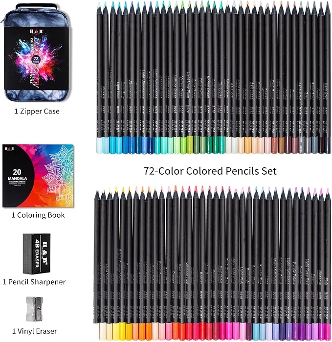 H & B 72-Color Colored Pencils Set with Mandala Coloring Sheets, Eraser, Sharpener - Soft Oil-Based CoresArt Supplies Drawing Kit for Adults, Kids, and Beginners