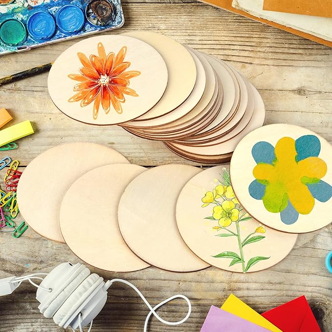 Coopay 6 Inch Wooden Circles, Unfinished Round Wood Slices Natural Wooden Cutouts for Door Hanger, Painting, Wedding, Home Decoration DIY Wood Craft Supplies, 40 Pieces