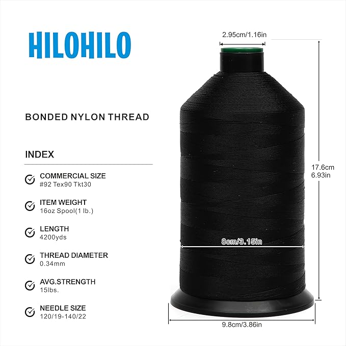 Extra Strong Bonded Nylon Thread #92 Tex90 – 16 OZ, 4200yds, Versatile Stitching Solution for Leather, Upholstery, Canvas Repair and More (Black)