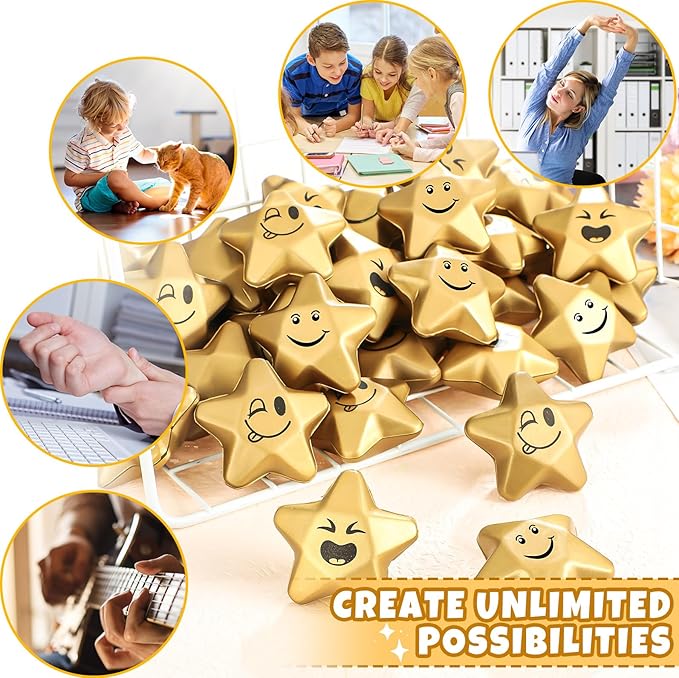 Deekin 36 Pieces Star Stress Balls Mini Foam Ball Stress Relief Toys for Teens and Adults Student Bag Fillers, Gold(Novelty,1.6 Inch)