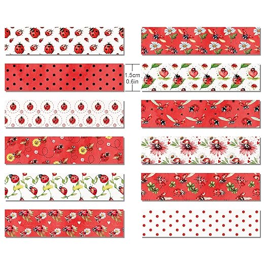 12 Pcs Ladybug Washi Tape Ladybug Masking Tape Decorations Decorative Paper Sticker for Insect Flower Reel Party DIY Craft Gift Wrapping Handbook Stickers