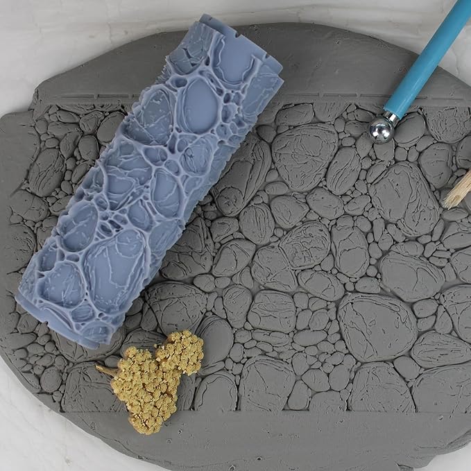 Cobblestones Clay Texture Roller (4") - Seamless Set #01 - Embossing Pattern Roller for Polymer & Ceramic Clay, Pottery & Crafts