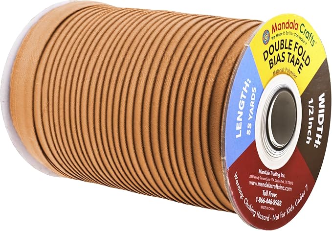 Mandala Crafts 55 Yards 1/2 Inch Camel Double Fold Bias Tape for Sewing - Bias Binding Tape for Quilting Binding, Hemming, Seam, and Fabric Piping
