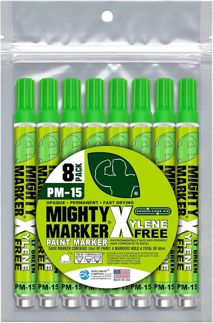 PM-15, Eco-Friendly Paint Marker, Alcohol-Based & Xylene-Free, Waterproof & Permanent, 10ml, 2.3mm Tip, 8 Bonus Tips, Made in USA, Light Green 8 Pack