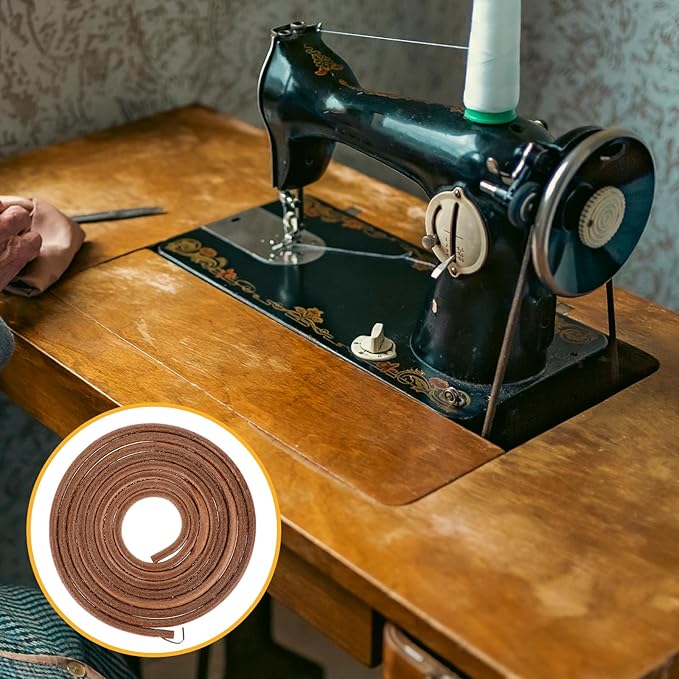 Treadle Sewing Machine Belt, 72 X 3/16 Inch Cowhide Sewing Machine Replacement Leather Belt Treadle Parts Accessories with Hook for Universal Pedal Sewing-Machines, Brown