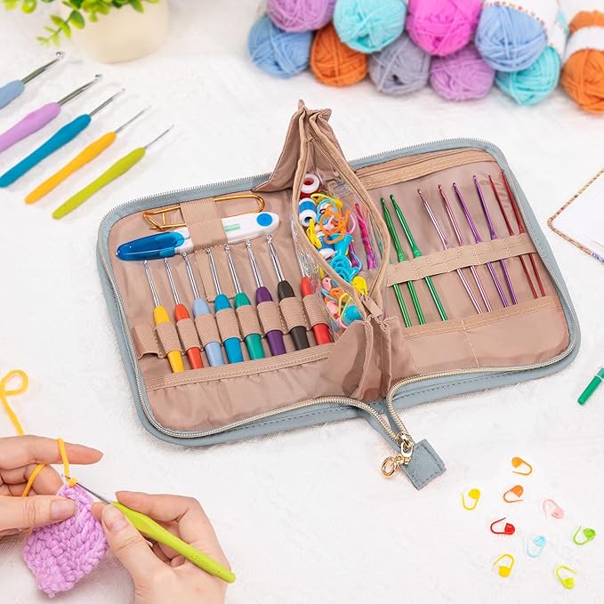 MYBAGZING Crochet Hook Set with Storage Case – 14 Ergonomic Crochet Hooks(2mm(B)-10mm(N), 10 Stitch Markers, Crochet Organizer for Crochet Needles, Accessories, and Supplies