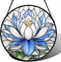 Stained Glass Window Hanging - Blue and White Lotus Petal Suncatcher for Doors Window Home Sun Catchers Decor Christmas Mother's Day July Birthday Gifts for Teacher Women Men Mom Nana 9.8 in