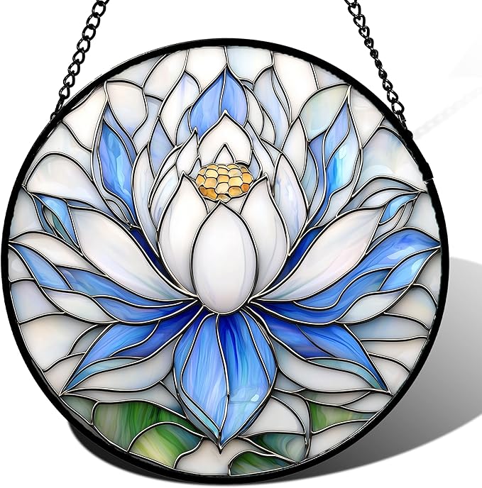 Stained Glass Window Hanging - Blue and White Lotus Petal Suncatcher for Doors Window Home Sun Catchers Decor Christmas Mother's Day July Birthday Gifts for Teacher Women Men Mom Nana 9.8 in