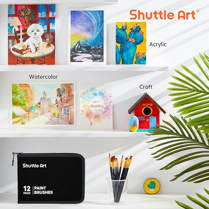 Shuttle Art 12 PCS Paint Brush Set with Case, Assorted Shapes & Sizes for Acrylic, Watercolor, Oil, and Gouache, Perfect Artist Brushes for Kids, Beginners, and Professionals, Ideal for Home or Travel