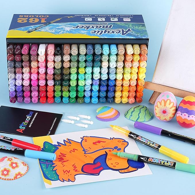 CaliMarker 162 Colors Acrylic Paint Markers Set – Professional Palette with Brush Tip (1–5 mm), Quick-Dry and Waterproof Ink for Rock, Wood, Glass, Metal, and Fabric
