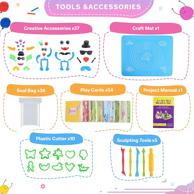 Air Dry Clay 50 Colors, Modeling Clay for Kids, DIY Model Magic Clay, Molding Clay Kit with Sculpting Tools, Non-Sticky Soft and Super Light, Arts and Crafts Gift for Boys Girls Kids