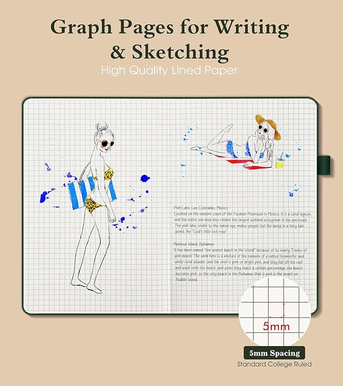 Graph Notebook for Women Men, 160 Pages Grid Paper, Graphing Notebooks for School, Work, Quad Ruled, Inner Pocket, A5 Hardcover Vintage Leather Journals for Writing, 5.8"x8.5" (Green)