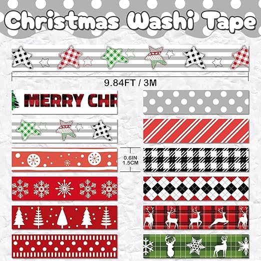 Christmas Washi Tape Set,12 Rolls Red Black Green Plaids Holiday Decorative Tape Xmas Tree Snowflake Elk Masking Tape for Journaling Supplies,Journal, Scrapbooking, Arts & Crafts,Gift Wrapping