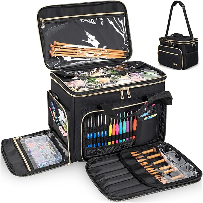 Knitting Bag Yarn Storage Tote, Large Crochet Organizer Bag, Yarn Holder Case for Knitting Needles, Knitting Project Bag with Inner Divider for Knitting Accessories, Crochet Hooks, Black