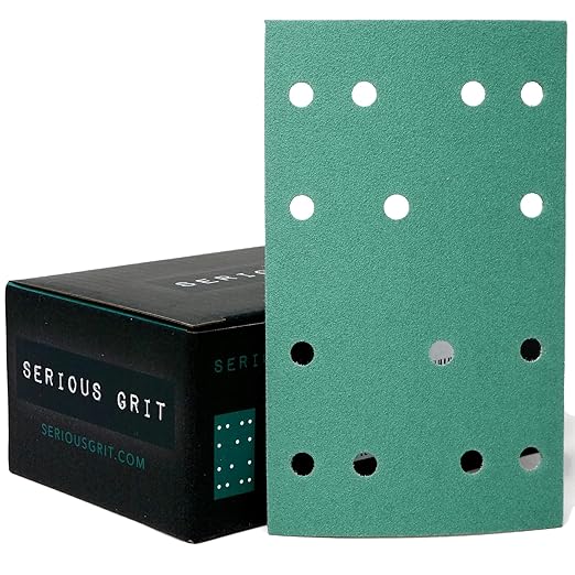 Serious Grit - 3" x 5" (80mm x 133mm) 14-Hole 150 Grit Sanding Sheets - Fits Festool RTS 400 & Mirka Deos 353 - Heavy-Duty Hook & Loop Film Abrasives - Sandpaper for Sheet Sanders - 50 Pack Box