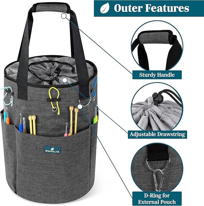 PAVILIA Crochet Bag Knitting Bag Organizer, Yarn Bag Storage Tote for Crocheting On The Go, Knitting Accessories Supplies Holder with Grommets, Gift for Crochet Lovers Knitters (Charcoal Gray)