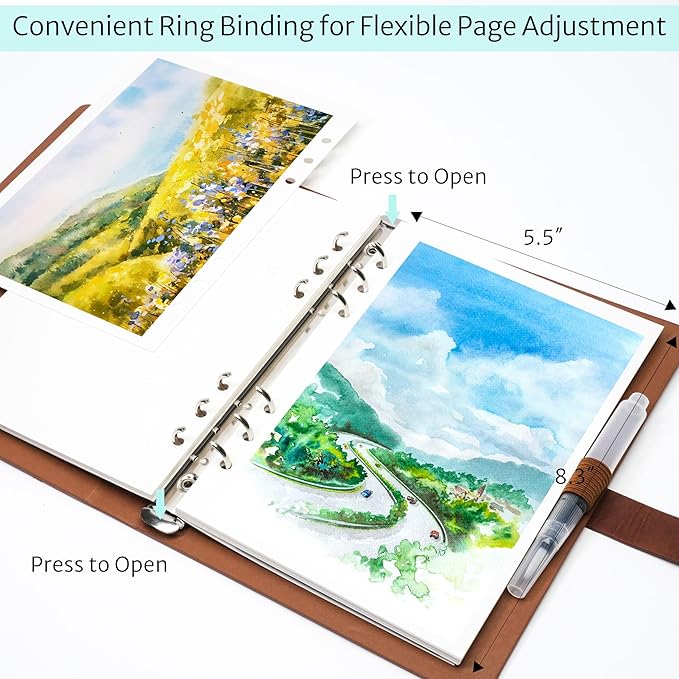 Vienrose 9" x 7" 3 Ring Watercolor Sketchbook, Faux Leather Cover Professional Art Journal with Detachable 24 Sheets 48 Pages, Ideal for Water Coloring, Sketching, Painting, Darkbrown