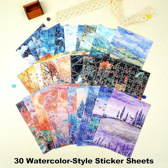 30 Sheets Pre-Cut Puzzle Washi Stickers, Seasonal Landscape Designs, Writable with Adhesive Backing for Scrapbooking, Bullet Journal, DIY Collage