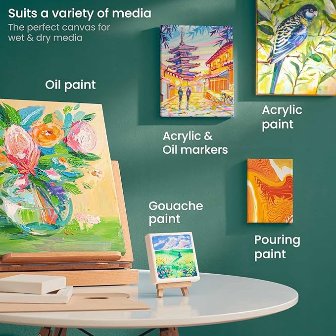 ARTEZA Stretched Canvas Multipack of 10 – 4x4, 5x7, 8x10, 9x12, 11x14 Inch Blank White Canvases for Acrylic, Oil, Gouache – Cotton, Pre-Primed