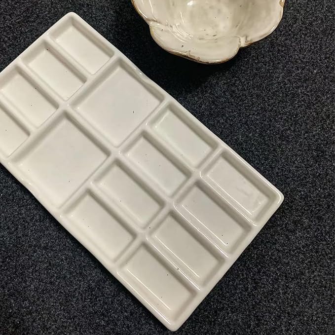 8" Porcelain Watercolor Palette - 14 Well Ceramic Artist Paint Palette with Mixing Tray for Painting and Craft Projects