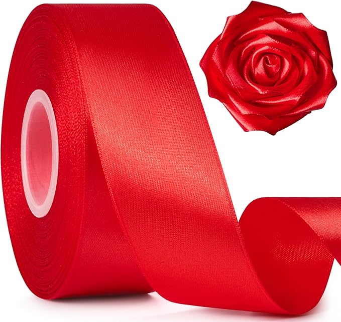 1-1/2 Inch Wide Red Satin Ribbon, 50 Yards Solid Polyester Fabric Ribbon for Roses Making, Gift Wrapping, Valentine's Day, Wedding Decorations, Crafts, Bows