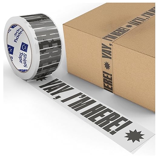 Printed Packing Tape for Small Business - Cool Decorative Designer Packaging and Shipping Tape - 1.88" x 110 Yards (330 feet) - Cute Yay, I'm Here! Clear Black