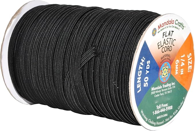Mandala Crafts 6mm 50 Yds Roll of Black Elastic Bands for Sewing - 1/4 Flat Elastics Cord - 1 4 Inch Braided Stretch Straps for Crafting
