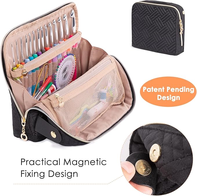 MYBAGZING Crochet Hook Case with 14 Size Crochet Hooks Set 2mm(B)-10mm(N) Ergonomic Crochet Hooks with Crochet Case Stand Up - Crochet Hook Organize for Crochet Lovers, Crochet Kit for Beginners