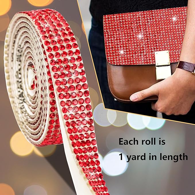 4 Rolls Self Adhesive Crystal Rhinestone Ribbon Diamond Bling Tape with 2 mm Rhinestones Strips Sticker for Arts Crafts Wedding Birthday Party DIY Event Car Phone Decoration (Red)