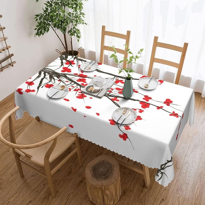 Japanese Cherry Rectangle Tablecloth Ink Painting Flower Blossom Cherry Red Table Cloth Dining Table Cover for Home Kitchen Restaurant Party Buffet Picnic 54 x 72 Inch