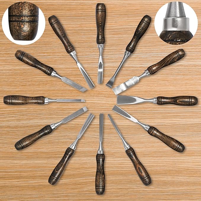 SELFIE CAT 12 Piece Wood Chisel Set for Woodworking Tools Wood Carving Tools with Wooden Case Wood Carving Kit for Beginners and Professionals Black Walnut