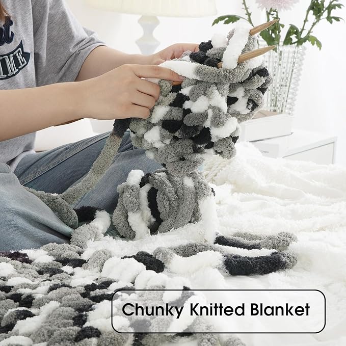 HOMBYS 12 Pack Giant Chunky Yarn for Crocheting & Knitting, Super Bulky Soft Fluffy Tie Dye Plush Fuzzy Mixed Color Thick Chenille Yarn (Black, White, Grey)
