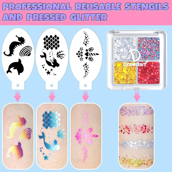 Professional Face Painting Kit for Kids Adults, Rainbow Split Cake Face Paint Palette 12 x 10gm+ 4 Colors Pro Pressed Glitter Eyeshadow Palette, with Brushes Sponges Gems Stencils