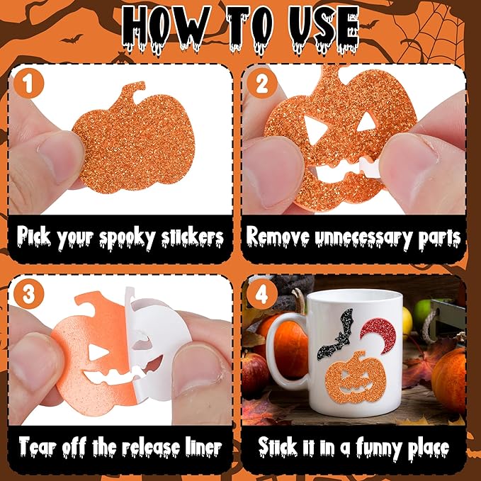 300Pcs Halloween Stickers, Self-Adhesive Glitter Halloween Foam Stickers, Assorted Shape Pumpkin Spider Bat Sticker, Halloween Party Favors Bulk for DIY Crafts Home Decorations