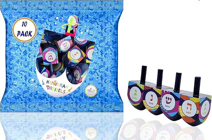 The Dreidel Company 10 -Pack Multi Colored Hand Painted Wooden, The Hanukkah Game, Let's Play Dreidel 1.75 Inch
