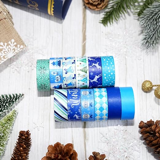 Winter Washi Tape Set,12 Rolls Blue White Holiday Decorative Tape Snowflake Xmas Tree Bell Reindeer Masking Tape for Journaling Supplies,Journal,Scrapbooking,DIY Arts & Crafts, Gift Wrapping