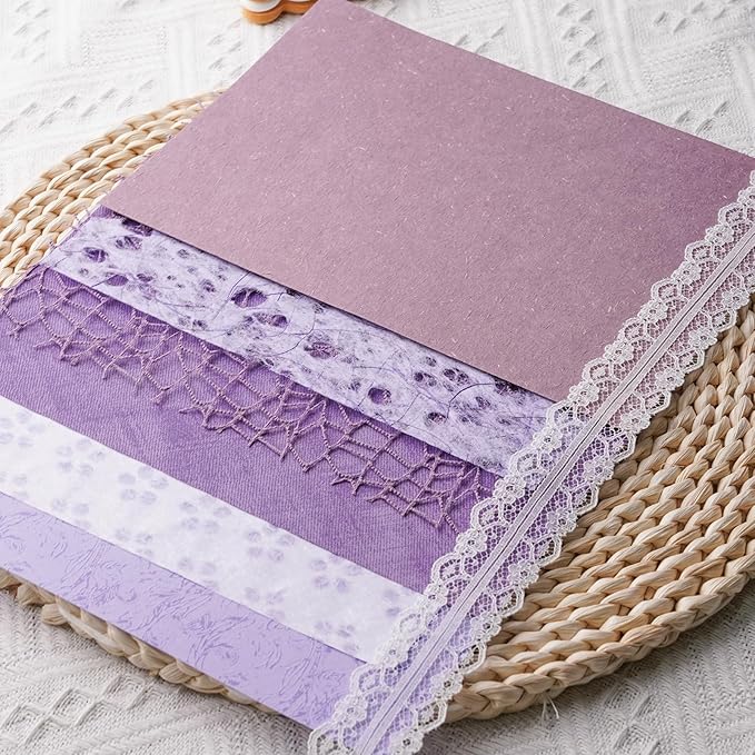 15Pcs Handmade Scrapbook Art Paper Craft Textured Paper Colorful A5 sheet Mesh Special Paper Mix for Scrapbooking Junk Journal Journaling Supplies DIY Materials,5.8x8.2 inches (Purple)