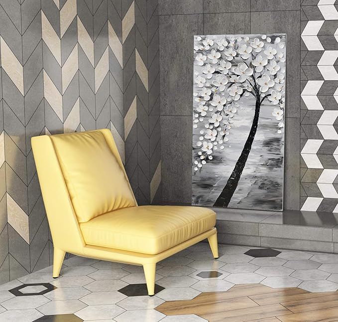 Yihui Arts 3D White Flower Canvas Wall Art Hand Painted Grey Paintings Vertical Artwork for Living Room Bedroom Hallway Decoration