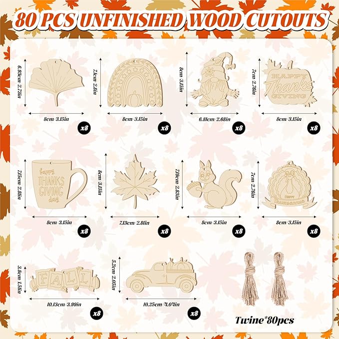 Subacy 80 PCS Unfinished Thanksgiving Wood Cutouts 10 Styles DIY Wooden Crafts, Wooden Art Tags for Painting, Thanksgiving Hanging Ornaments(Thanksgiving)