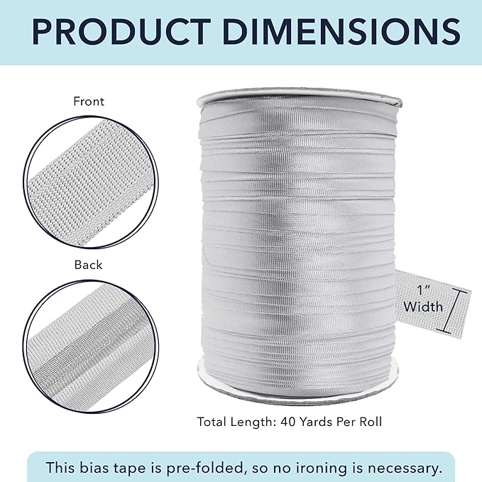 Mandala Crafts 1 Inch Single Fold Bias Tape for Sewing, Quilting, Piping, Hemming, Blanket & Quilt Binding – 40 Yards Metallic Silver Fabric Seam Binding Tape