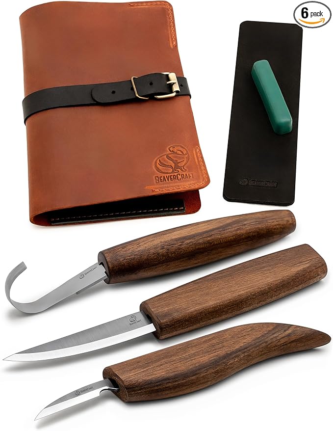 BeaverCraft Spoon Carving Kit Whittling Knives Spoon Carving Knife Sloyd, Chip Small Detail Knife, Hook Knife - Spoon Carving Tools Wood Carving Kit & Leather Strop Whittling Knife Set Deluxe S13X