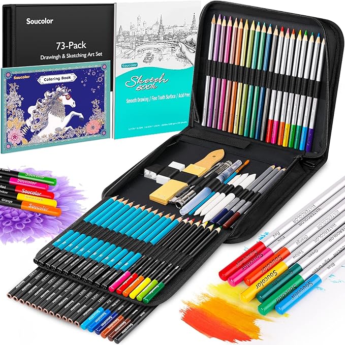 Soucolor 73 Pack Art Supplies Sketching Kit for Adults Gifts, Drawing Sketching Pencils with Sketchbook, Coloring Book, Colored Watercolor Metallic Graphite Charcoal Pencils